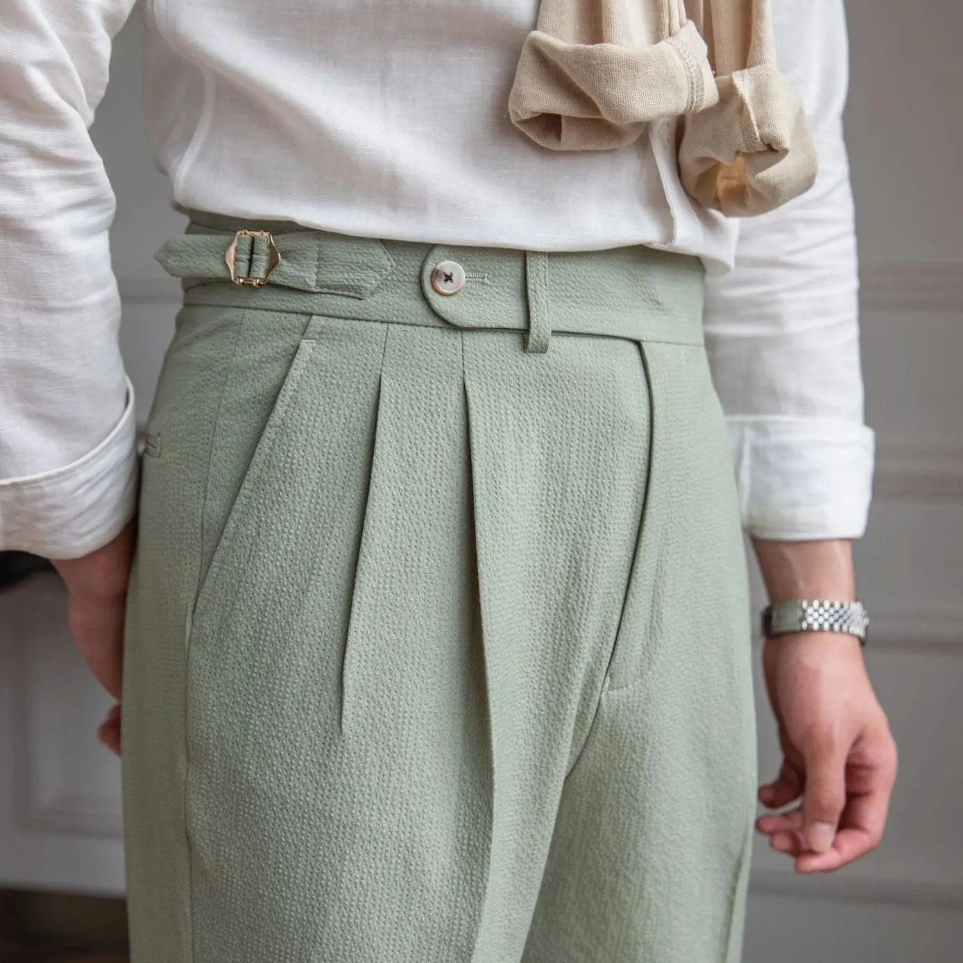 Men's Tailored High-Waist Pleated Trousers Turnup Hem - Green