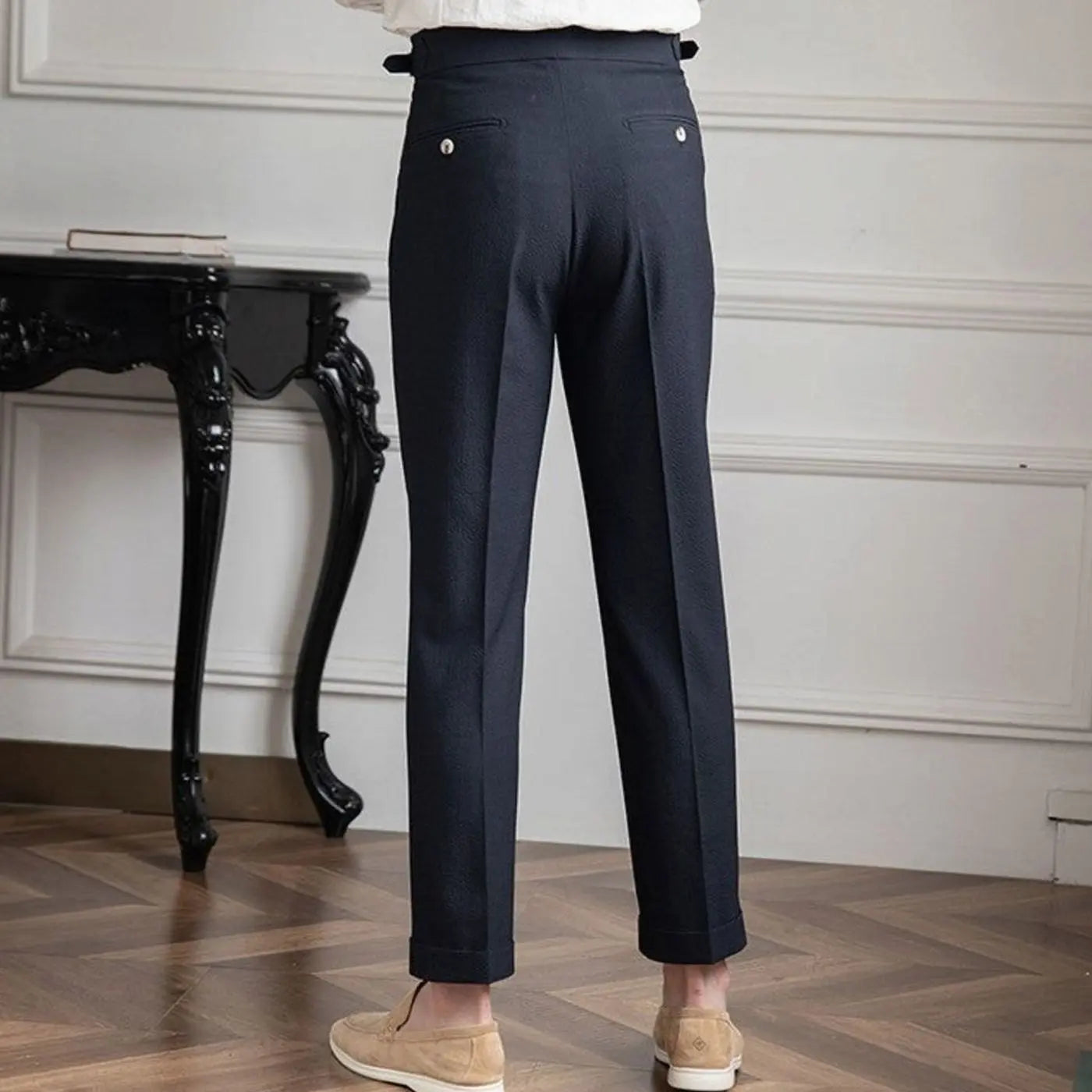 Men's Tailored High-Waist Pleated Trousers Turnup Hem