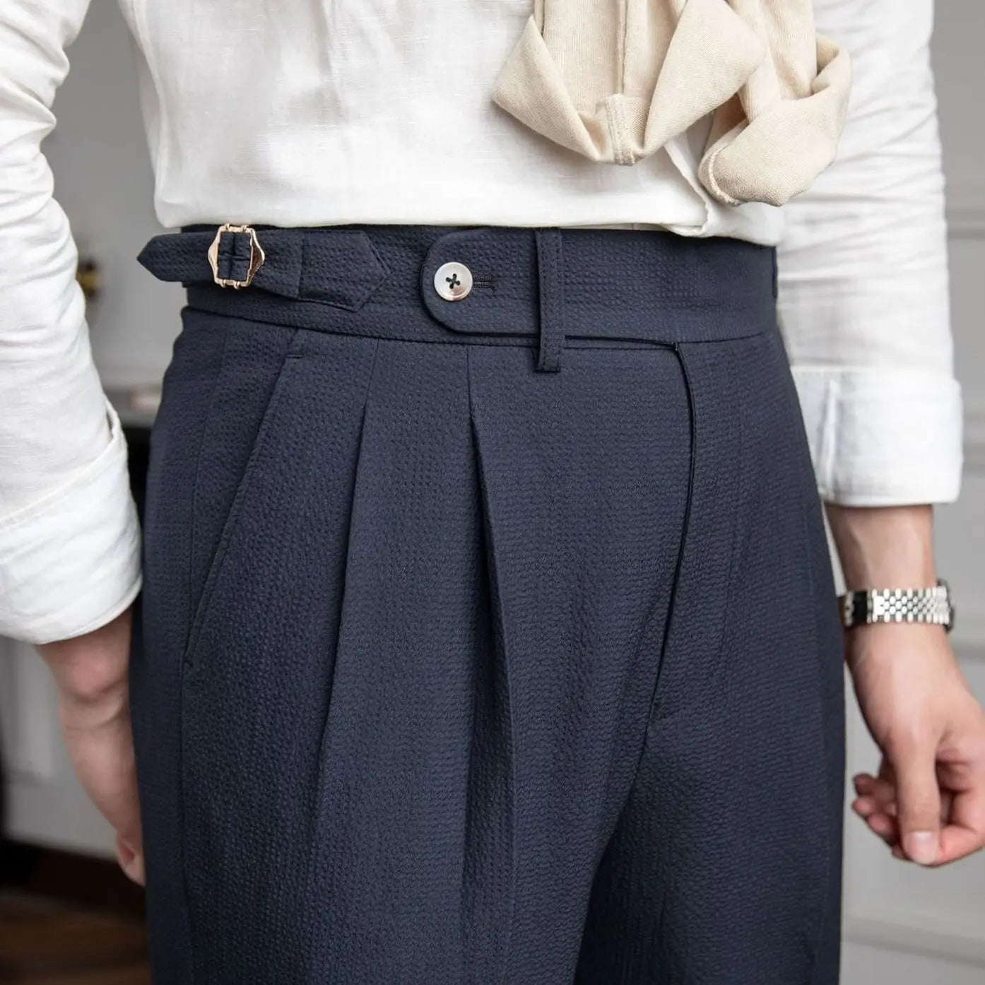 Men's Tailored High-Waist Pleated Trousers Turnup Hem - Blue