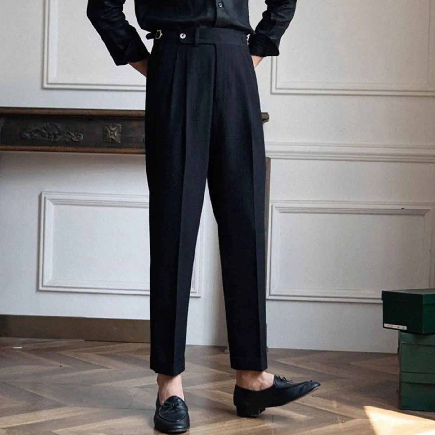 Men's Tailored High-Waist Pleated Trousers Turnup Hem