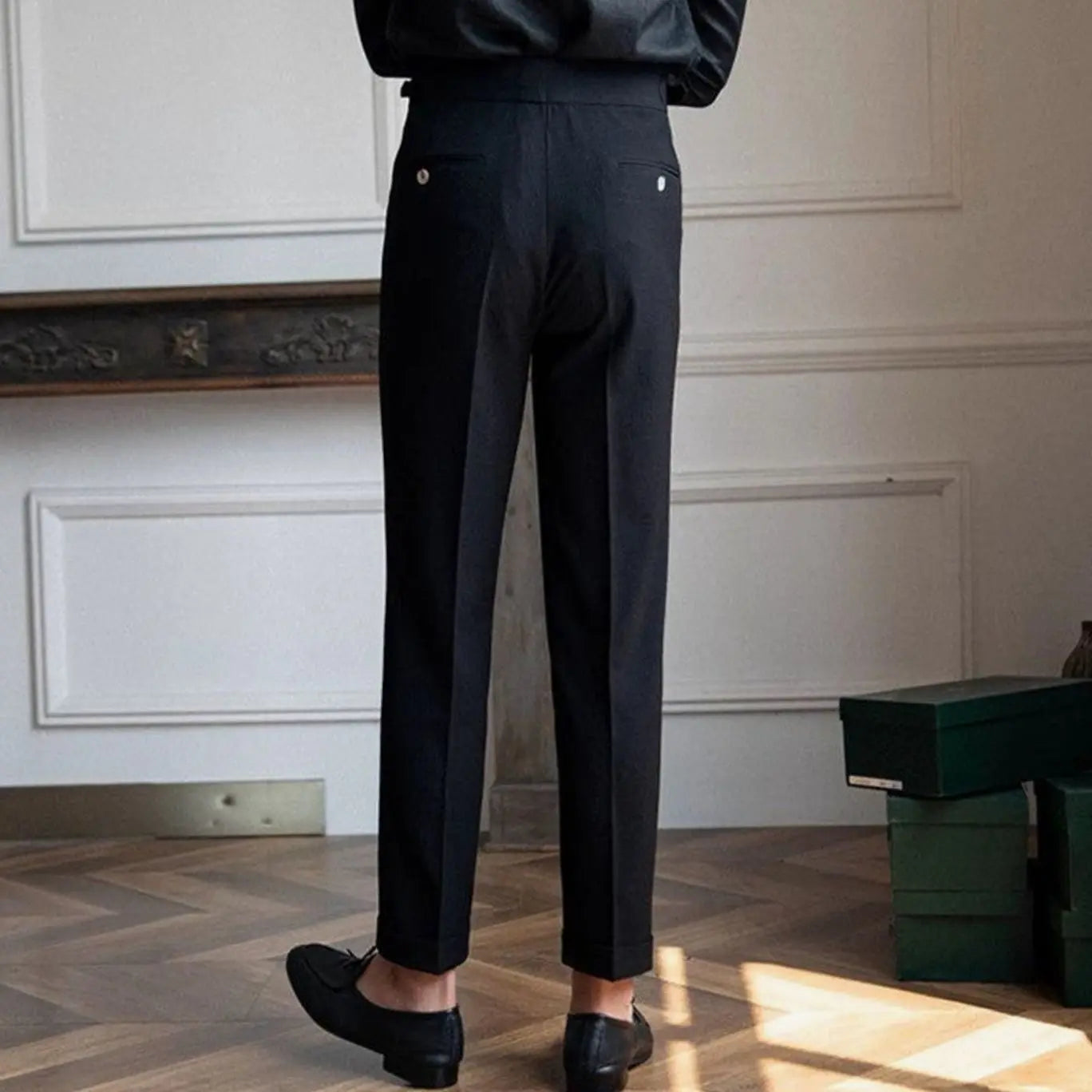 Men's Tailored High-Waist Pleated Trousers Turnup Hem