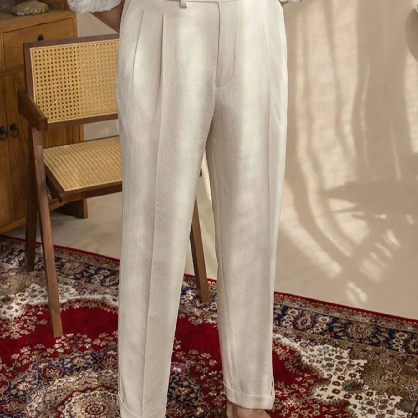 Men's Tailored High-Waist Pleated Trousers Turnup Hem