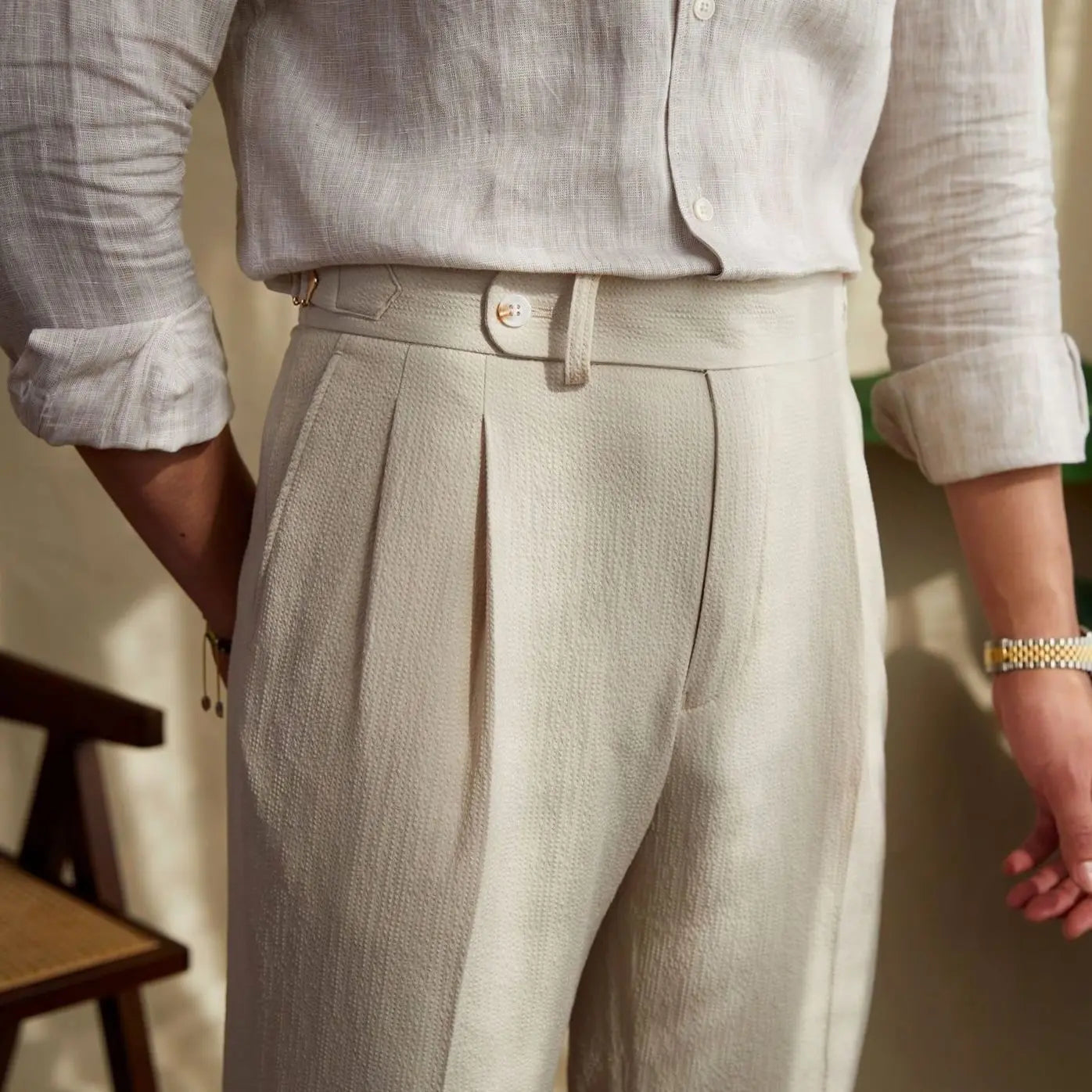 Men's Tailored High-Waist Pleated Trousers Turnup Hem - Beige