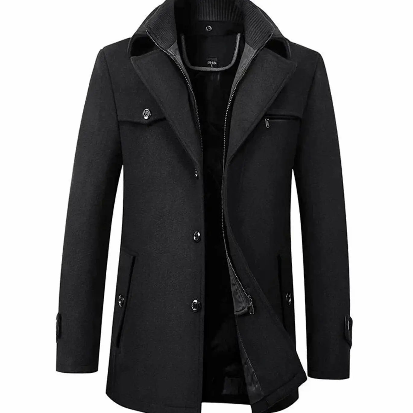 Men's Tailored Long Wool-Blend Button Overcoat - Black