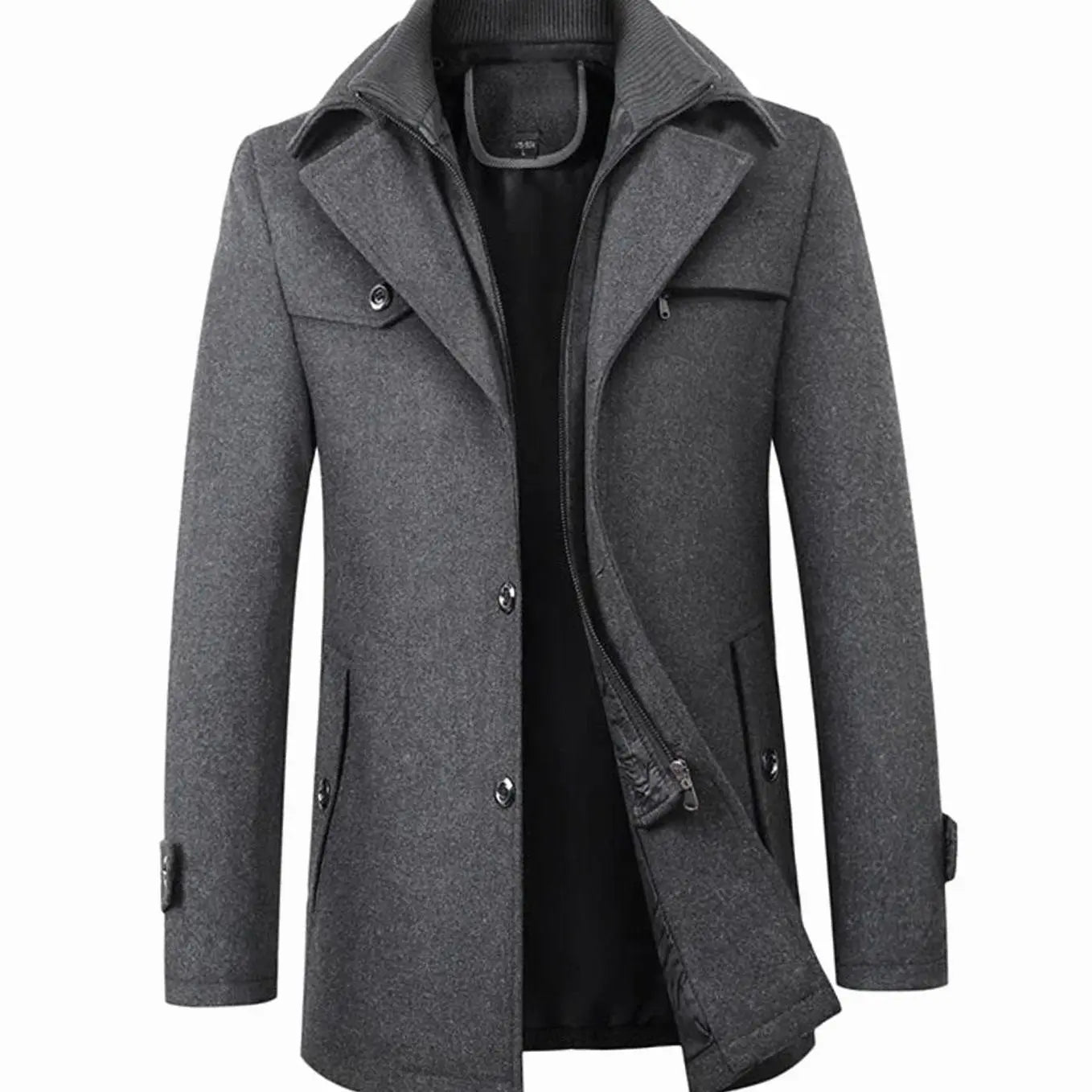 Men's Tailored Long Wool-Blend Button Overcoat - Grey