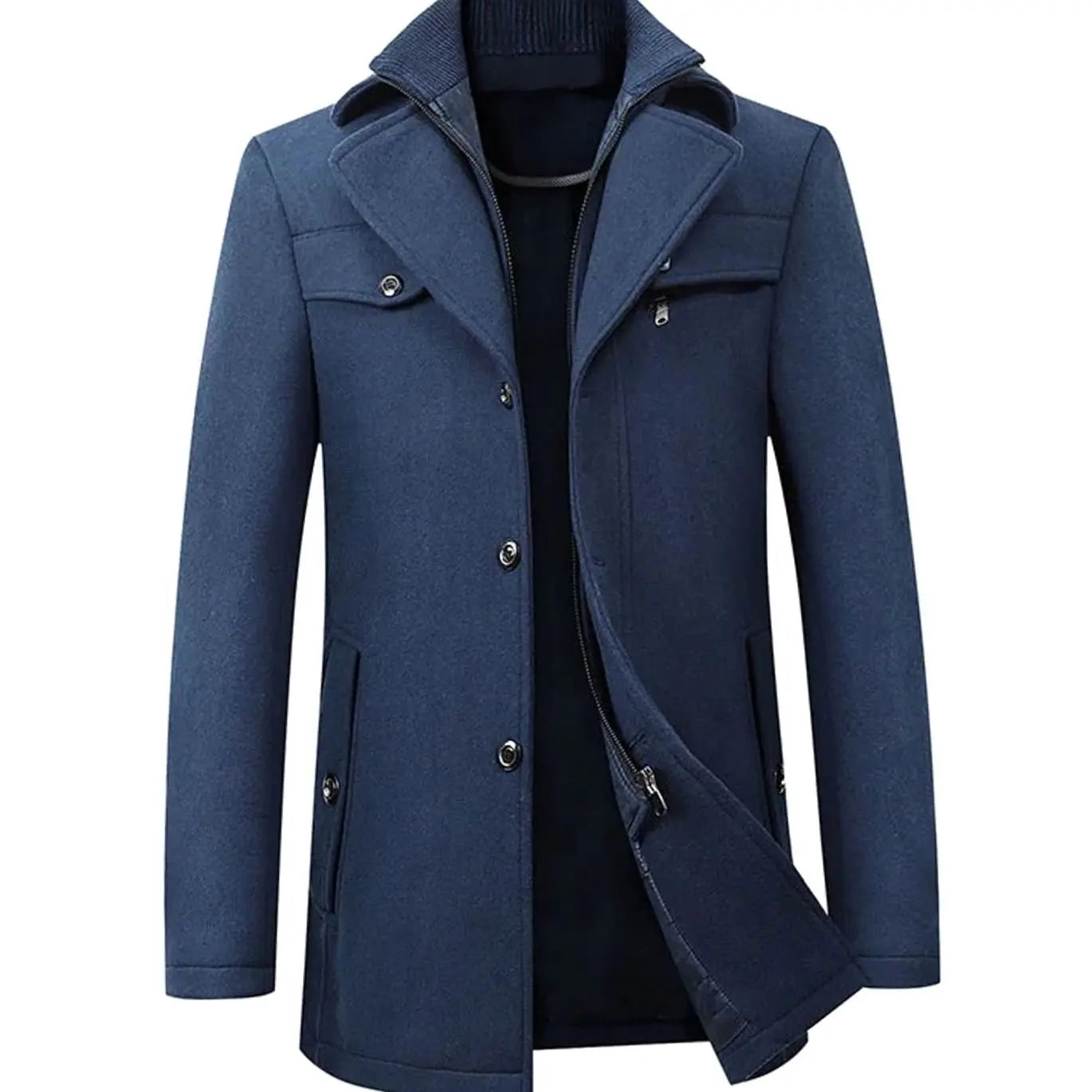 Men's Tailored Long Wool-Blend Button Overcoat - Navy Blue