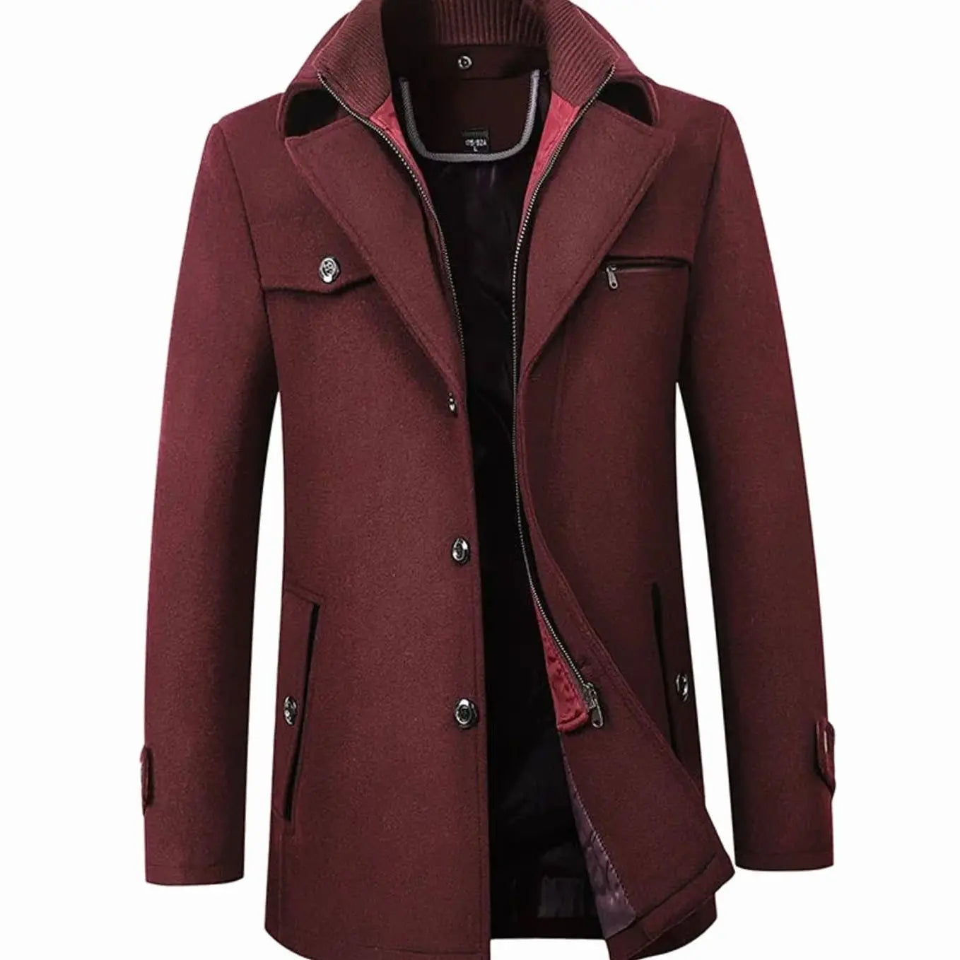 Men's Tailored Long Wool-Blend Button Overcoat - Burgundy