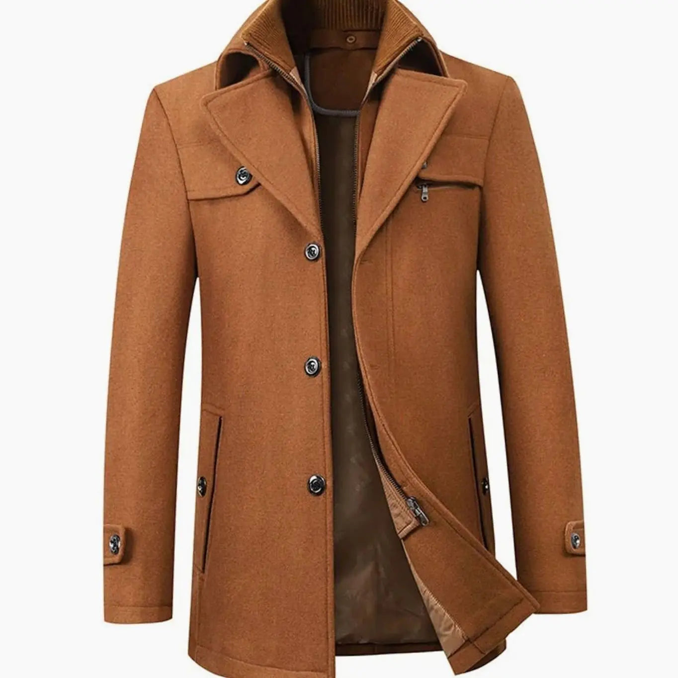 Men's Tailored Long Wool-Blend Button Overcoat - Brown