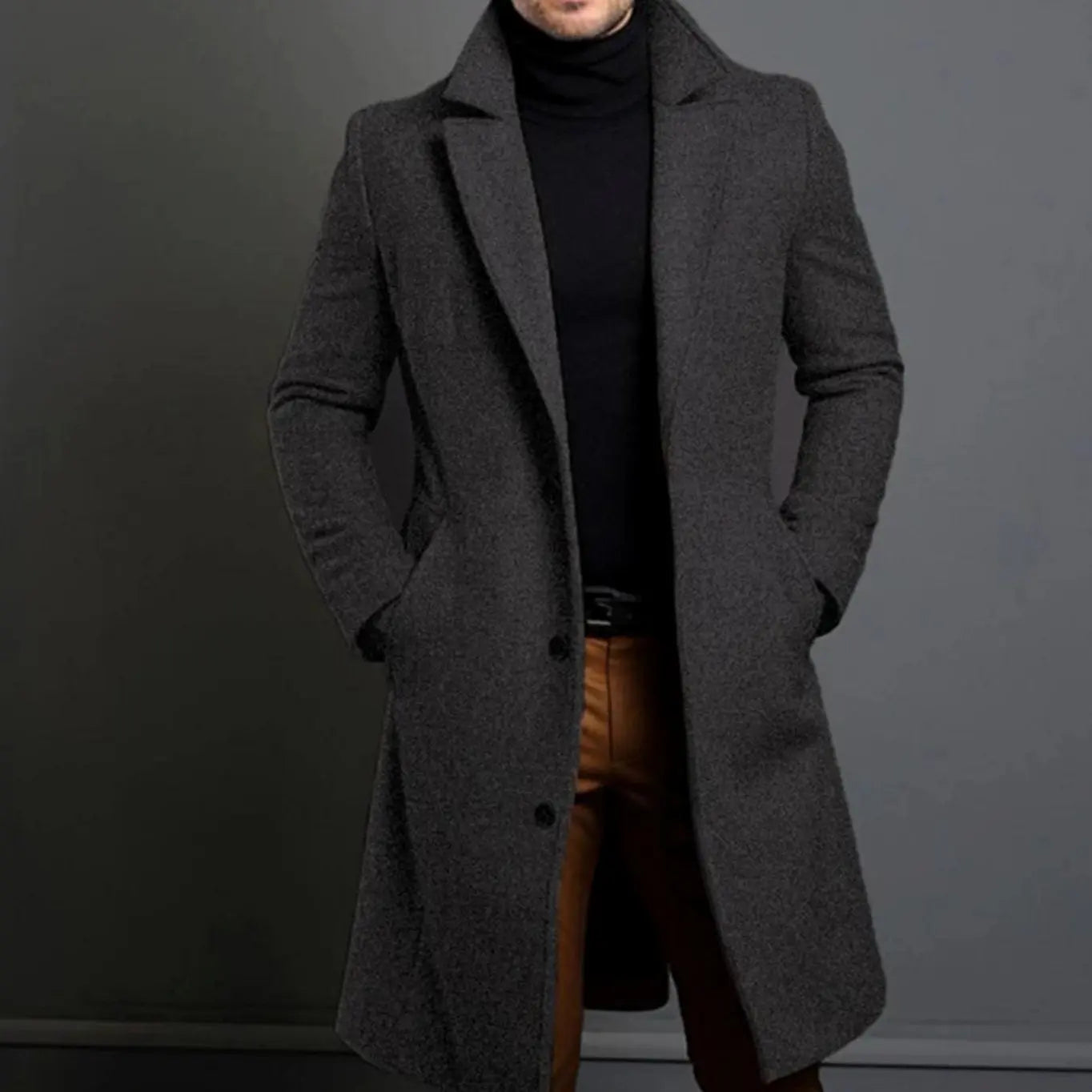 Men's Tailored Single-Breasted Long Overcoat Lapel Collar - Grey
