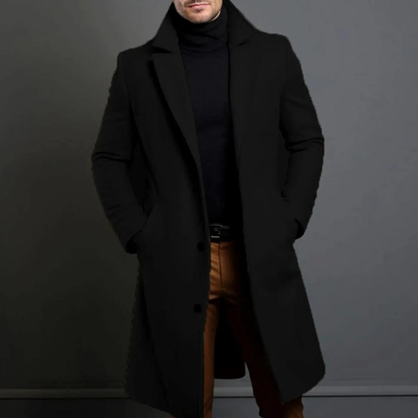 Men's Tailored Single-Breasted Long Overcoat Lapel Collar - Black