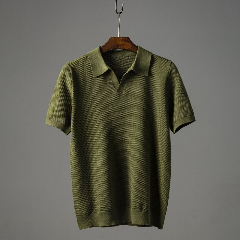 Men's Textured Knit Polo Short Sleeve Geometric Pattern - Green