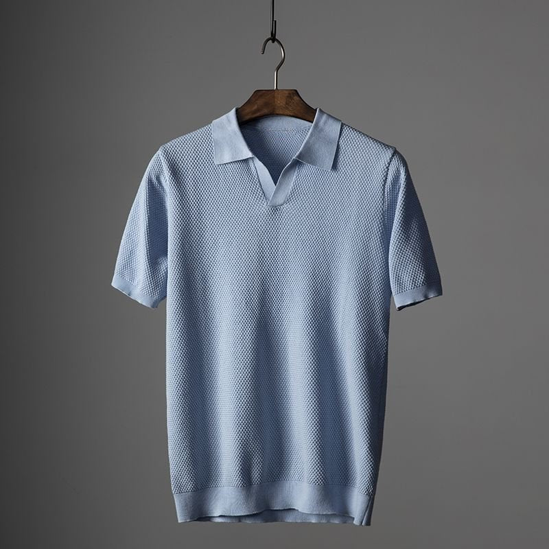 Men's Textured Knit Polo Short Sleeve Geometric Pattern - Blue
