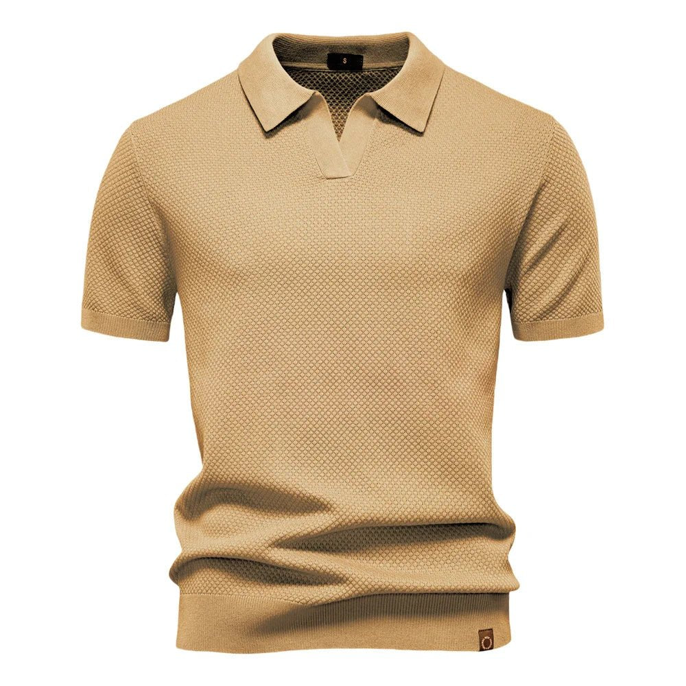 Men's Textured Polo Shirt Buttonless V-Neck Short Sleeve - Brown