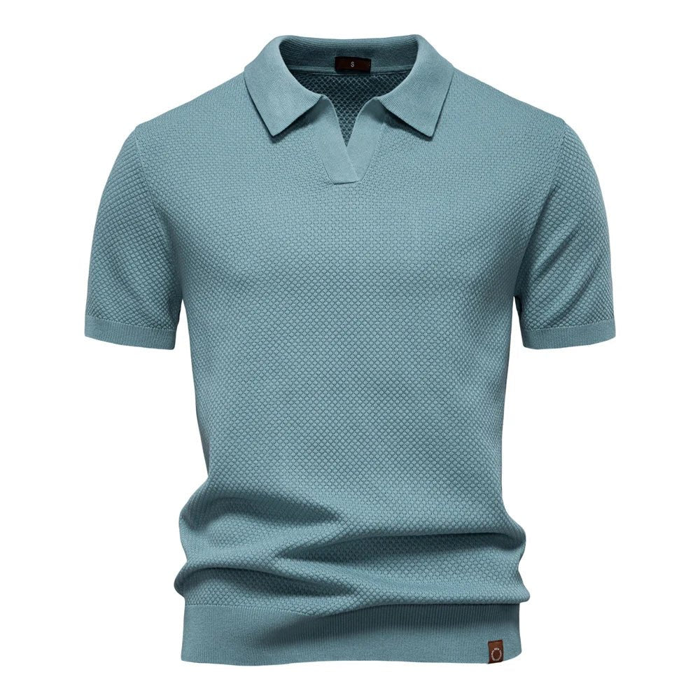 Men's Textured Polo Shirt Buttonless V-Neck Short Sleeve - Teal