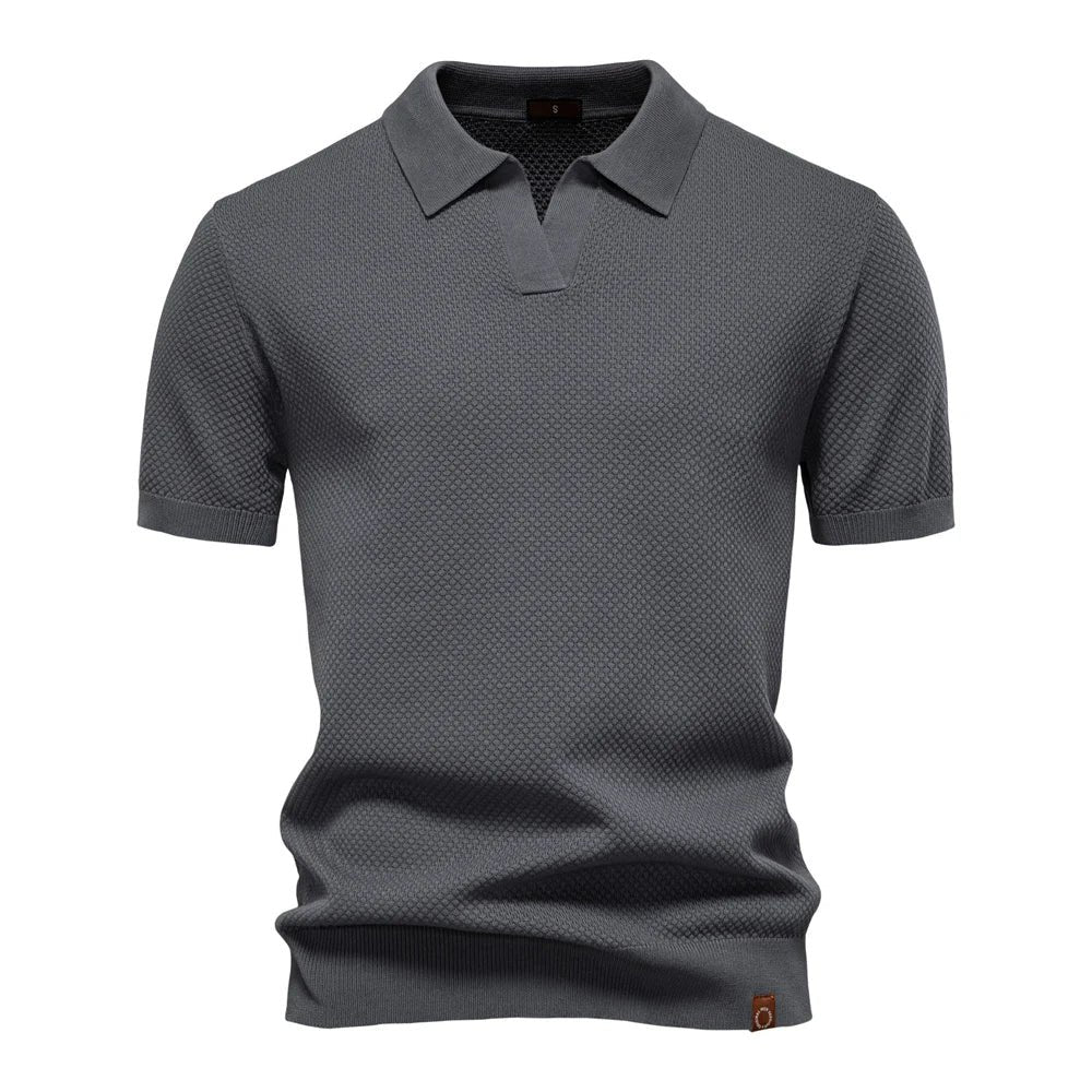 Men's Textured Polo Shirt Buttonless V-Neck Short Sleeve - Dark Gray