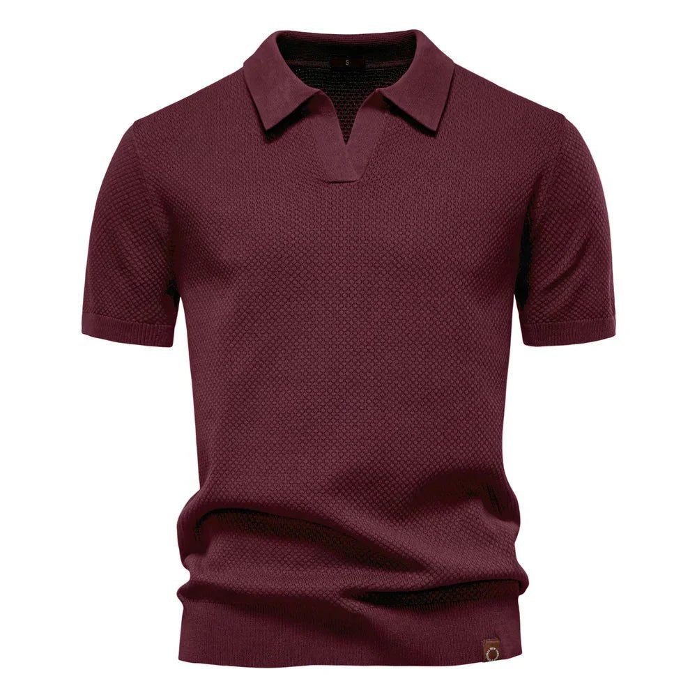 Men's Textured Polo Shirt Buttonless V-Neck Short Sleeve - Burgundy