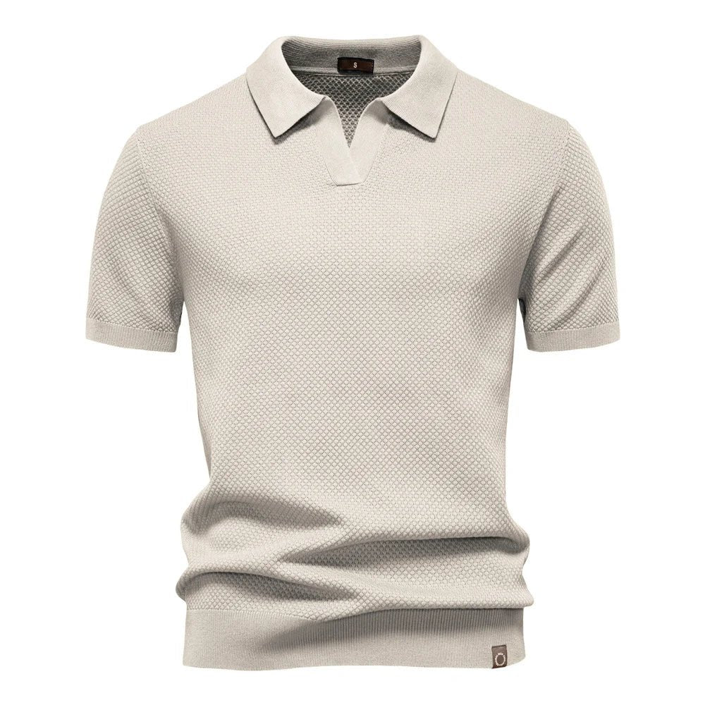 Men's Textured Polo Shirt Buttonless V-Neck Short Sleeve - Beige