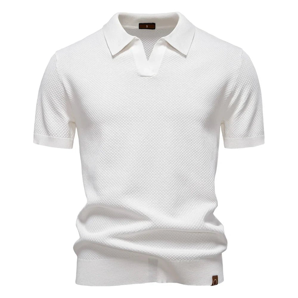 Men's Textured Polo Shirt Buttonless V-Neck Short Sleeve - White