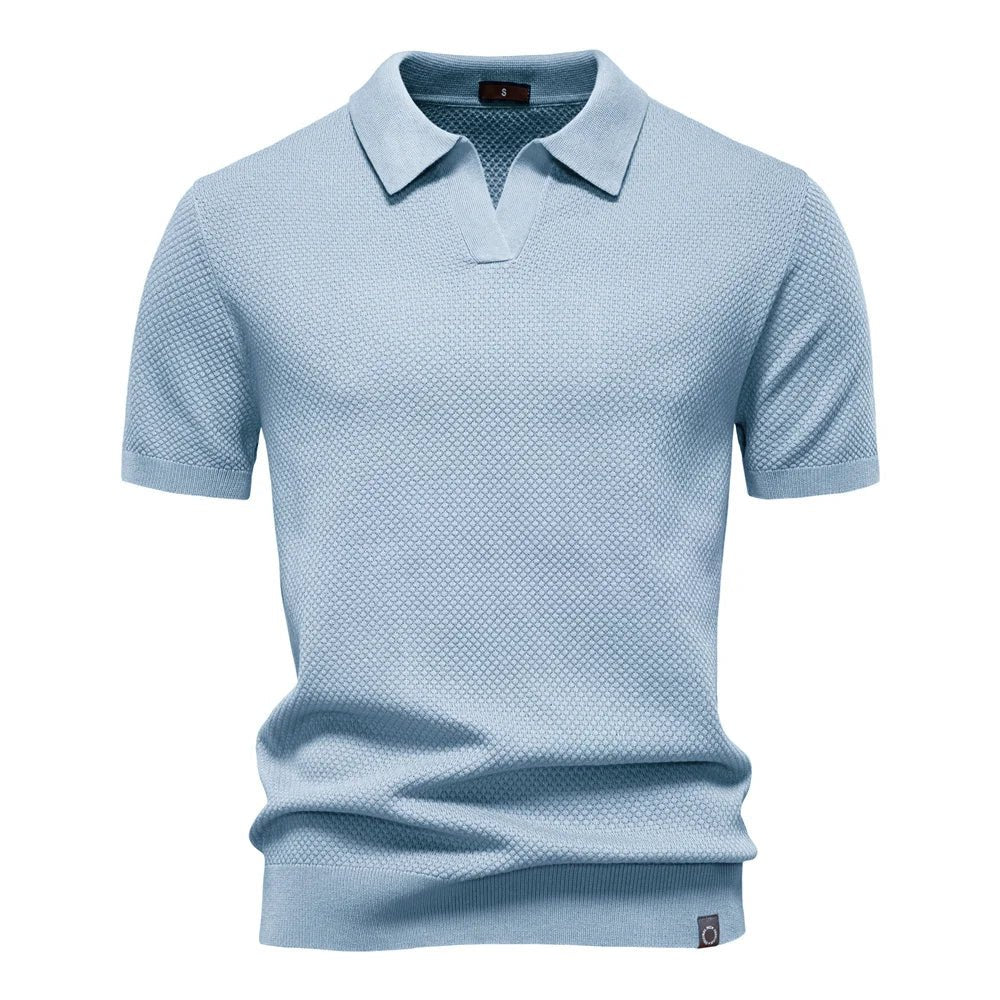 Men's Textured Polo Shirt Buttonless V-Neck Short Sleeve - Light Blue