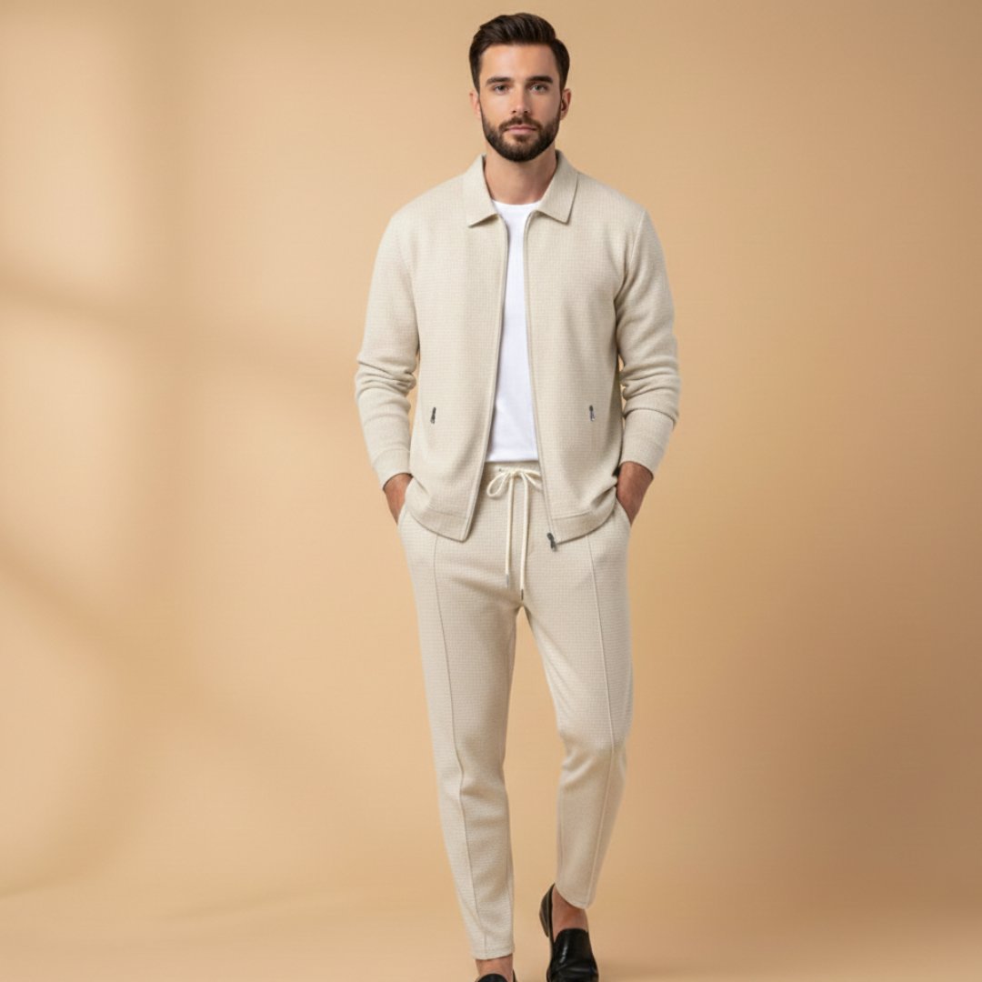 Men's Textured Zip Up Tracksuit Set Two Piece Joggers - Beige