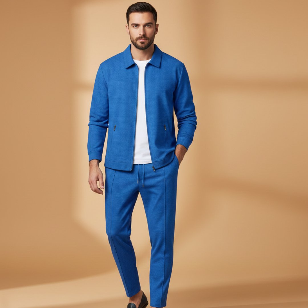 Men's Textured Zip Up Tracksuit Set Two Piece Joggers - Blue
