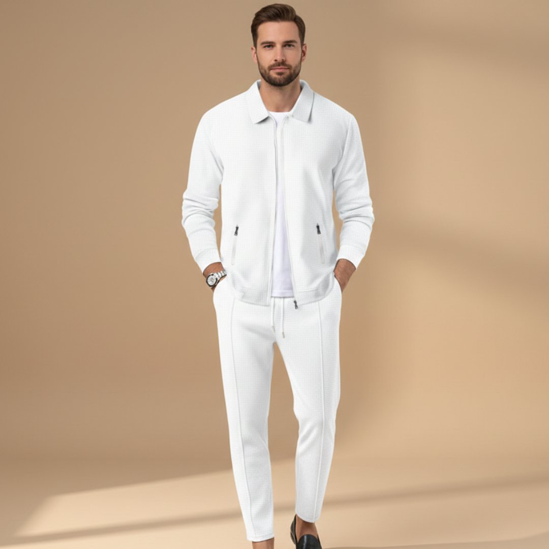 Men's Textured Zip Up Tracksuit Set Two Piece Joggers - White