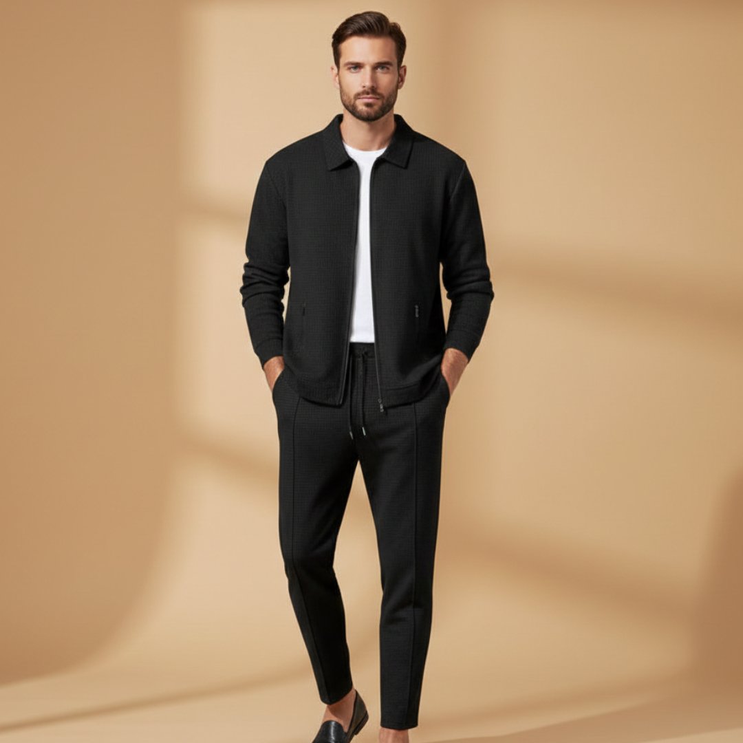 Men's Textured Zip Up Tracksuit Set Two Piece Joggers - Black