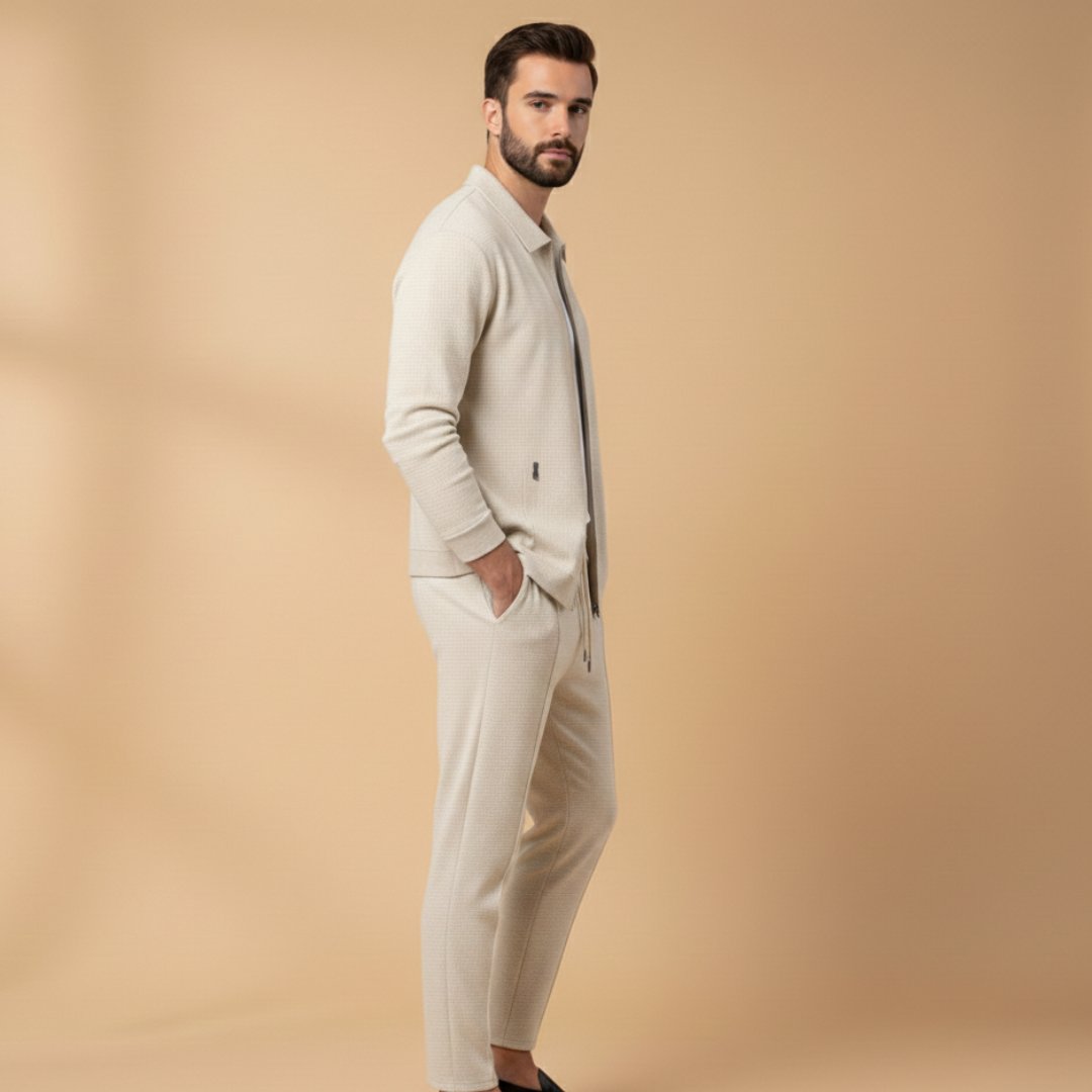 Men's Textured Zip Up Tracksuit Set Two Piece Joggers