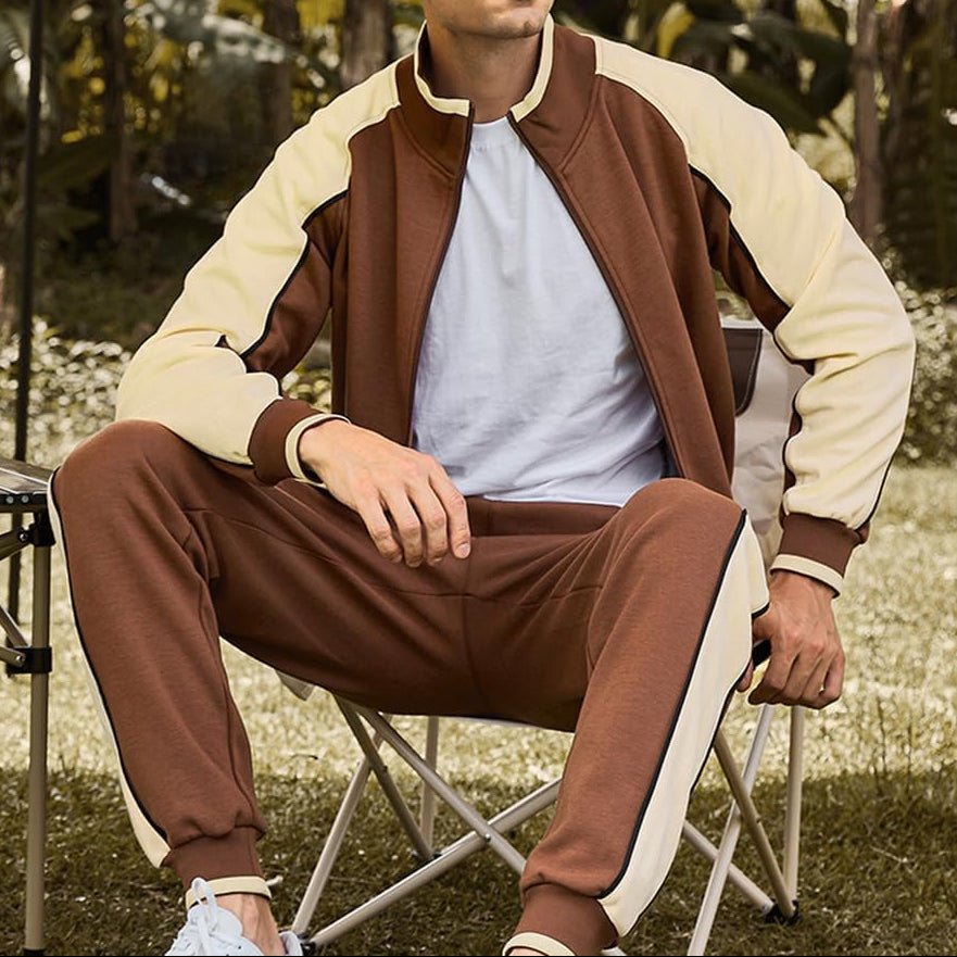 Men's Tracksuit Set Two Piece Zip Up Jacket Joggers - Brown