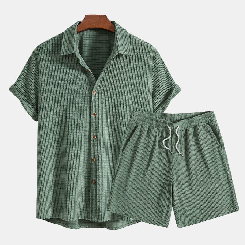 Men's Two Piece Set Short Sleeve Shirt Drawstring Shorts - Green