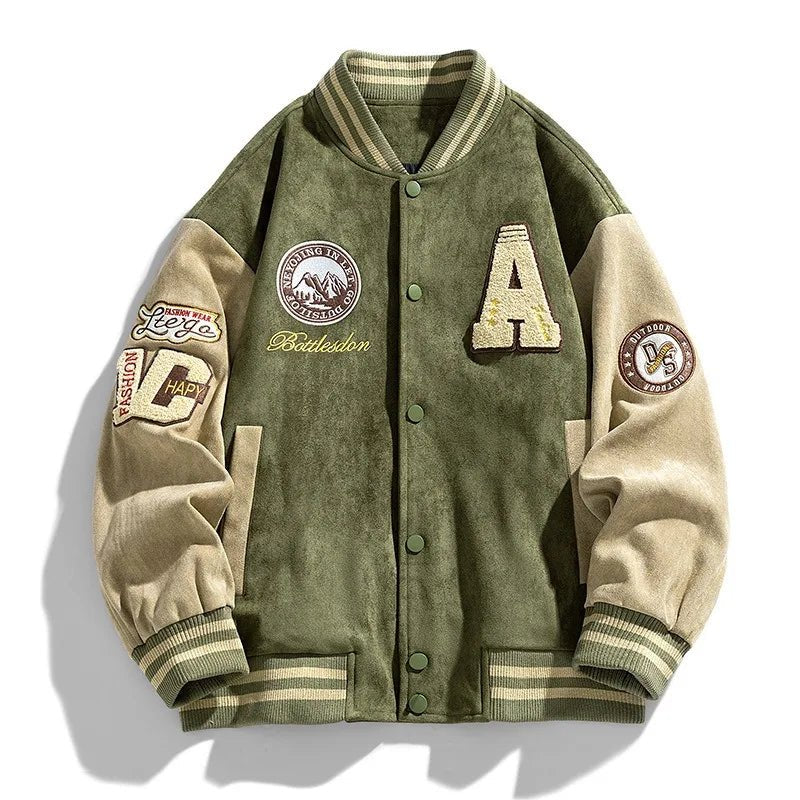Men's Two-Tone Varsity Bomber Jacket with Patches - Green