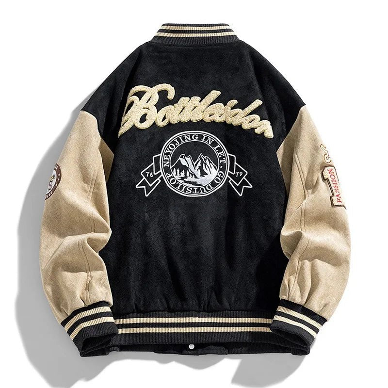Men's Two-Tone Varsity Bomber Jacket with Patches