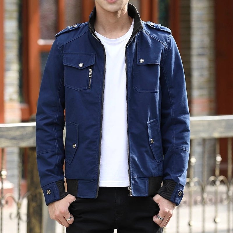 Men's Utility Bomber Jacket Stand Collar Multi-Pocket - Blue