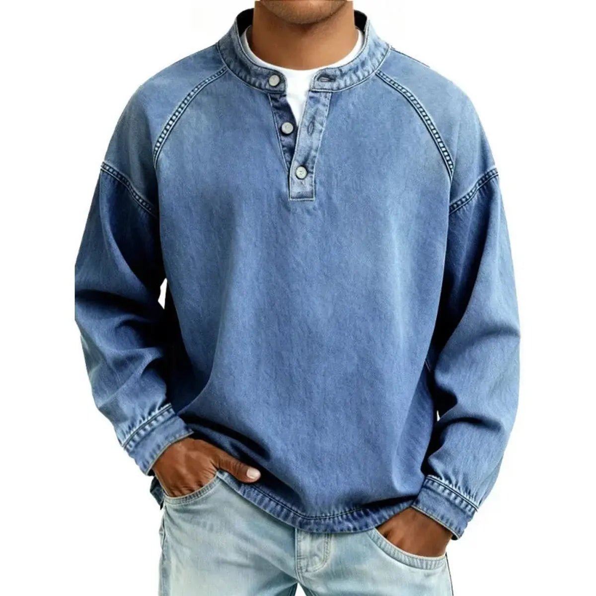 Men's Vintage Denim-Look Henley Button-Placket Sweatshirt - Sky Blue
