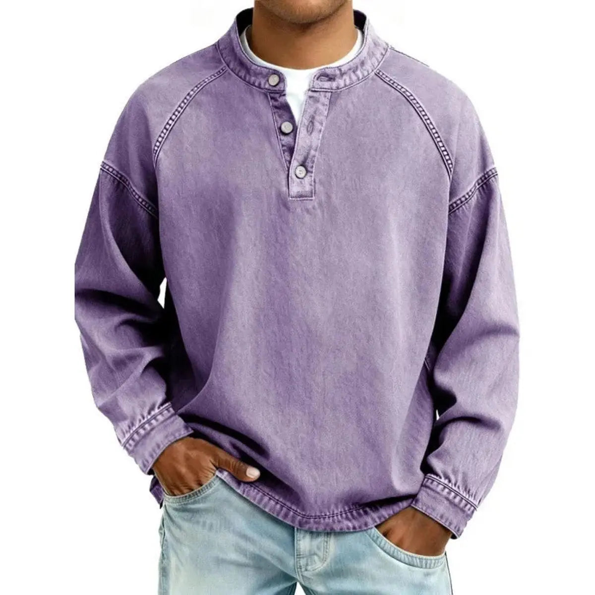 Men's Vintage Denim-Look Henley Button-Placket Sweatshirt - Purple