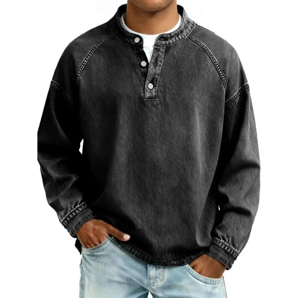 Men's Vintage Denim-Look Henley Button-Placket Sweatshirt - Black