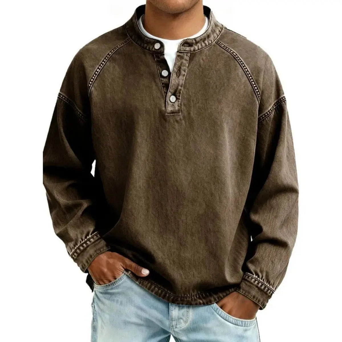 Men's Vintage Denim-Look Henley Button-Placket Sweatshirt - Dark Brown