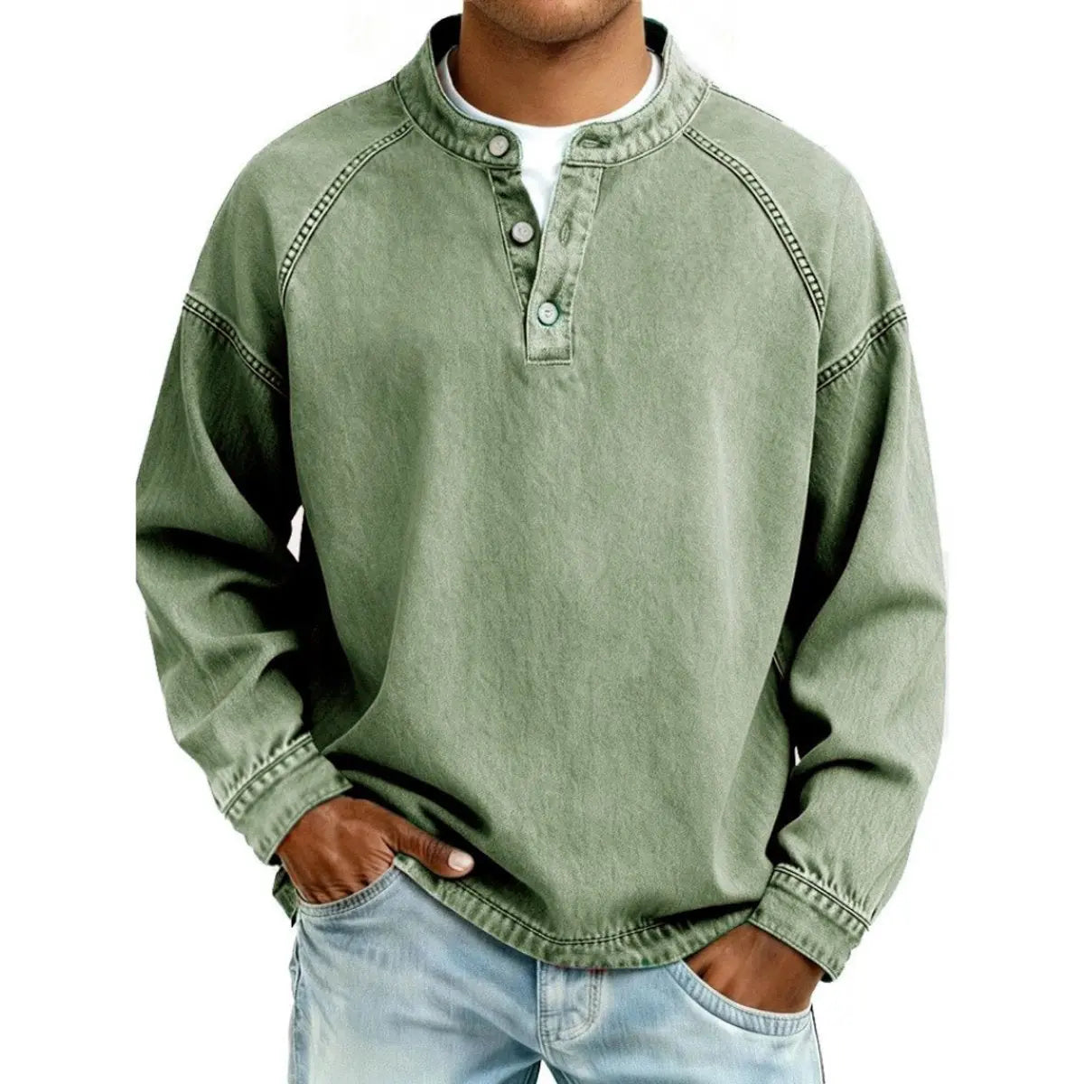 Men's Vintage Denim-Look Henley Button-Placket Sweatshirt - Green