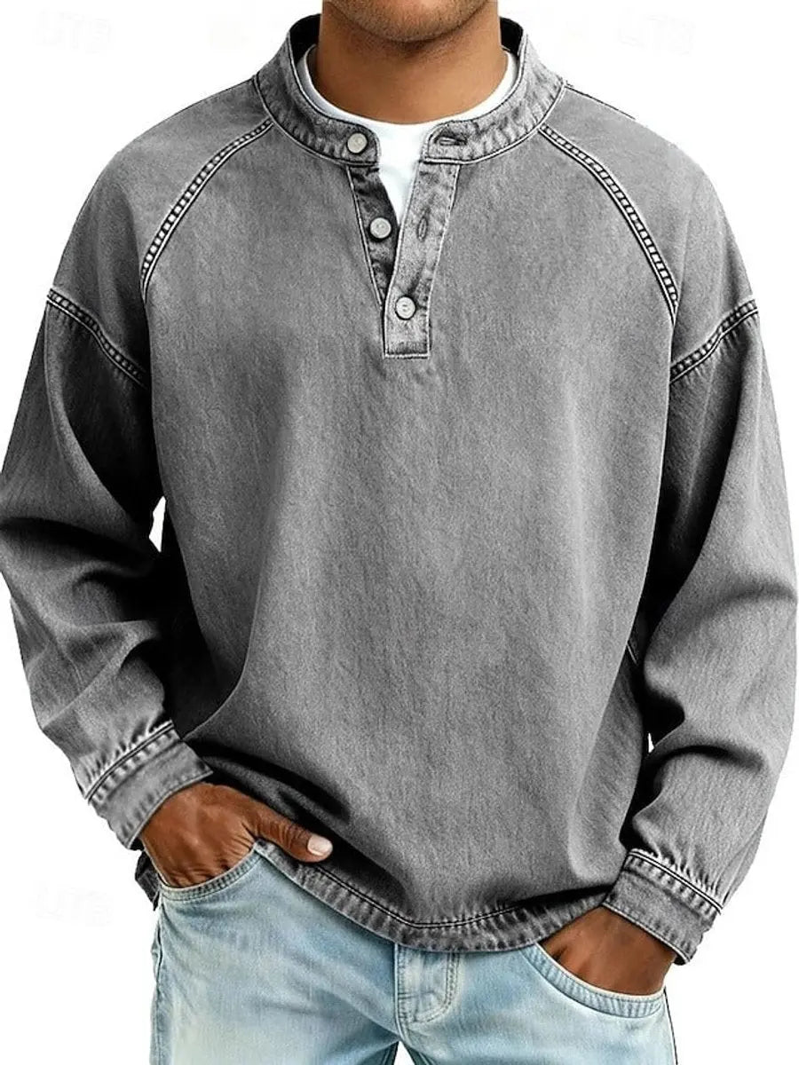 Men's Vintage Henley Long Sleeve Pullover Mens Knit Sweater - Grey