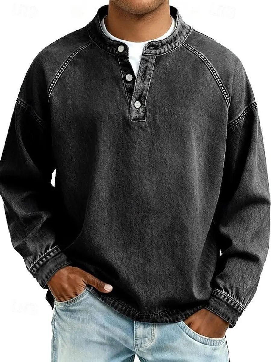 Men's Vintage Henley Long Sleeve Pullover Mens Knit Sweater - Black