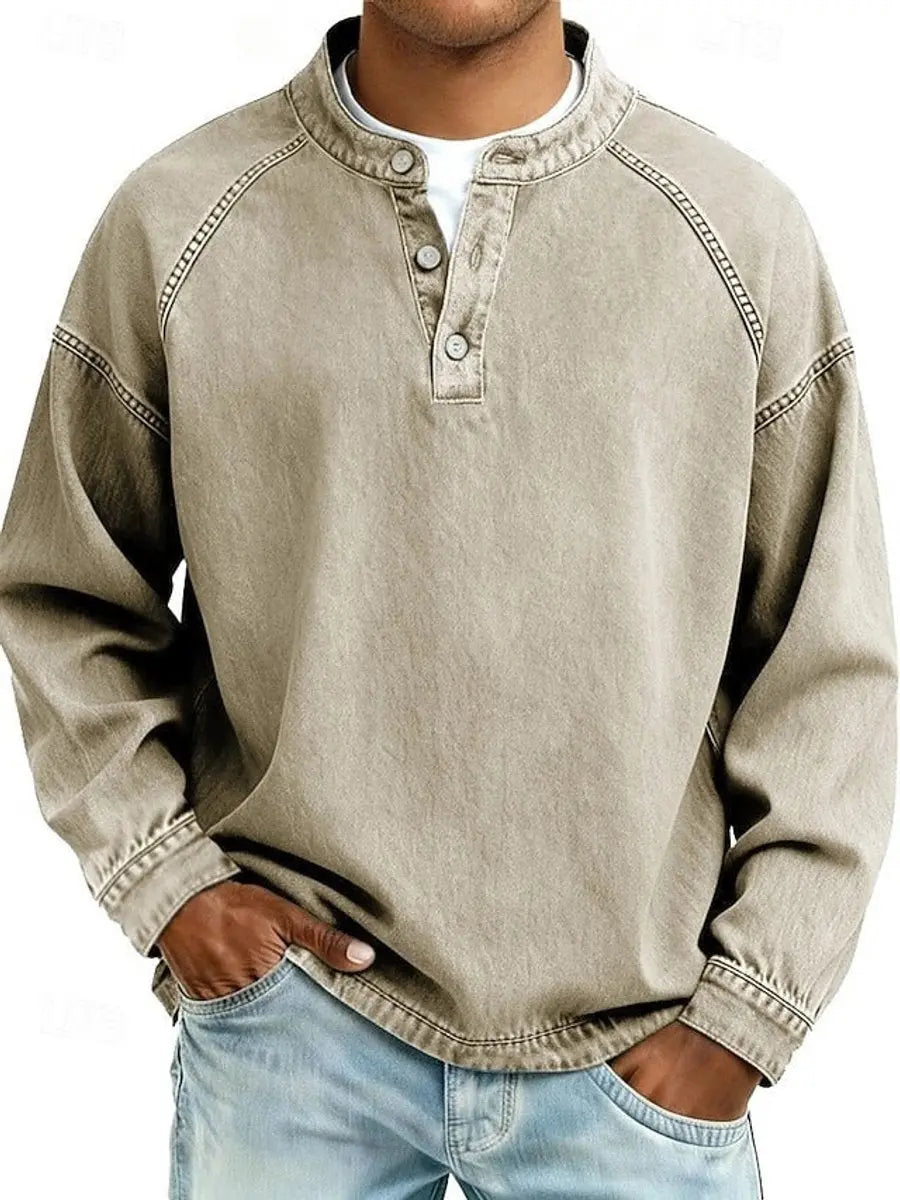 Men's Vintage Henley Long Sleeve Pullover Mens Knit Sweater - Khaki