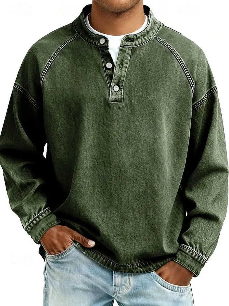 Men's Vintage Henley Long Sleeve Pullover Mens Knit Sweater - Dark Green