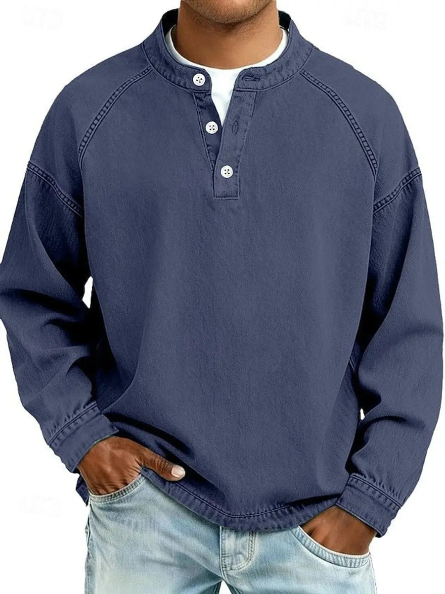 Men's Vintage Henley Long Sleeve Pullover Mens Knit Sweater - Dark Blue