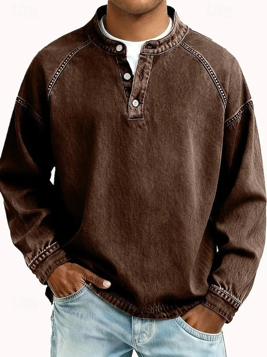 Men's Vintage Henley Long Sleeve Pullover Mens Knit Sweater - Brown