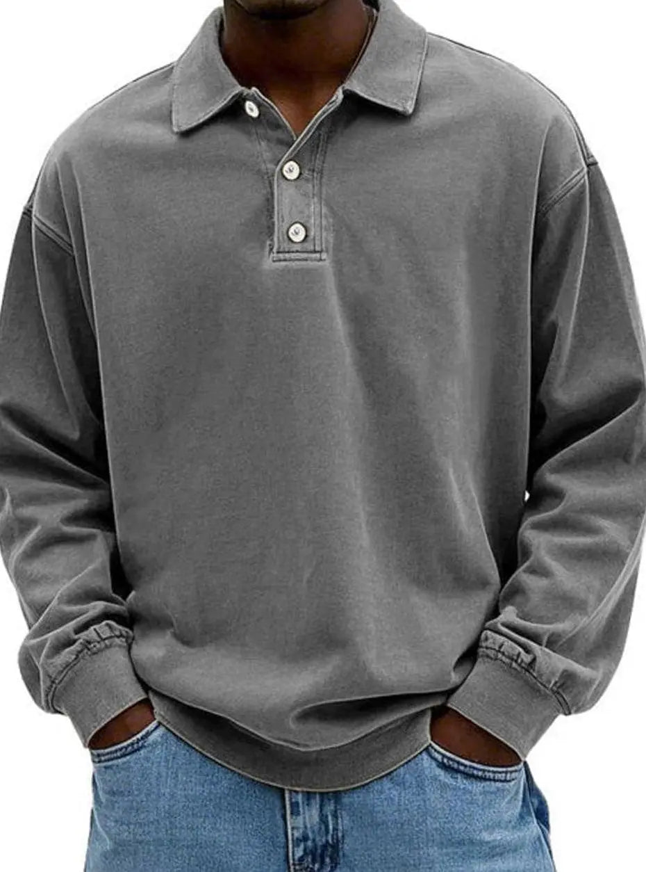 Men's Vintage Long Sleeve Relaxed Fit Polo Shirt - Grey