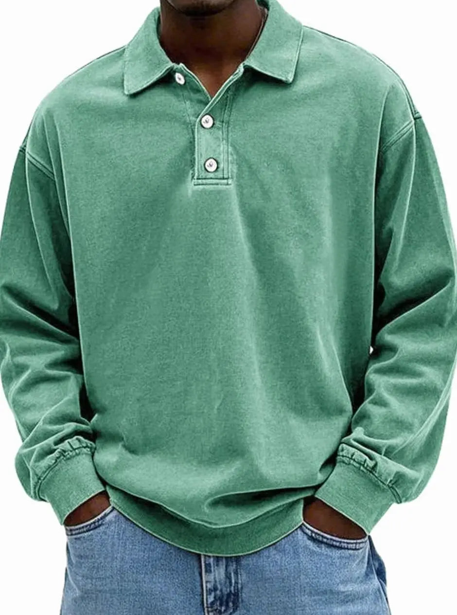 Men's Vintage Long Sleeve Relaxed Fit Polo Shirt - Green