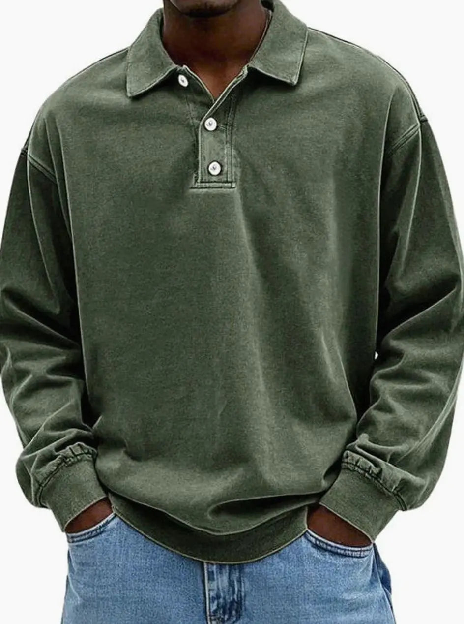 Men's Vintage Long Sleeve Relaxed Fit Polo Shirt - Army Green