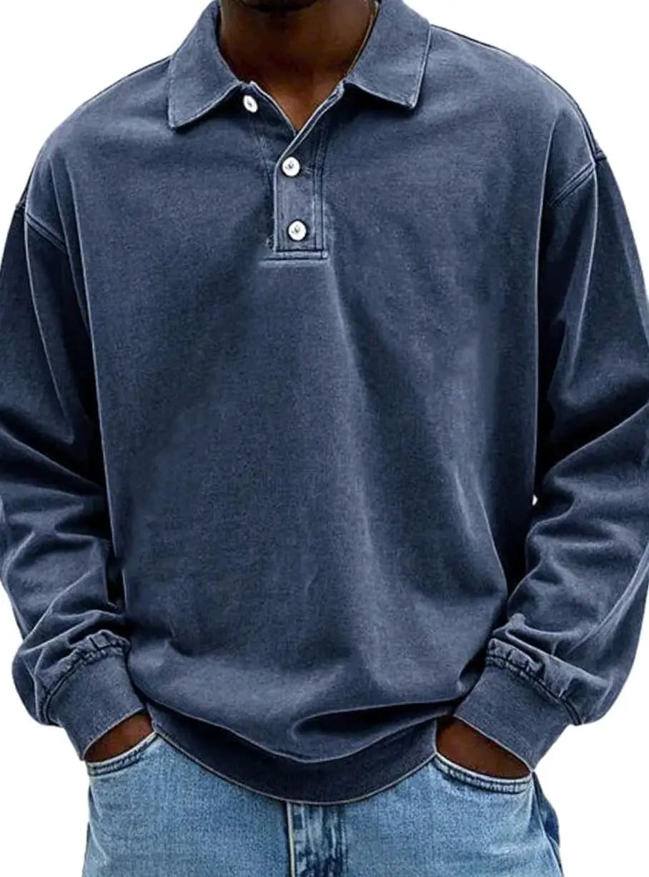 Men's Vintage Long Sleeve Relaxed Fit Polo Shirt - Navy Blue