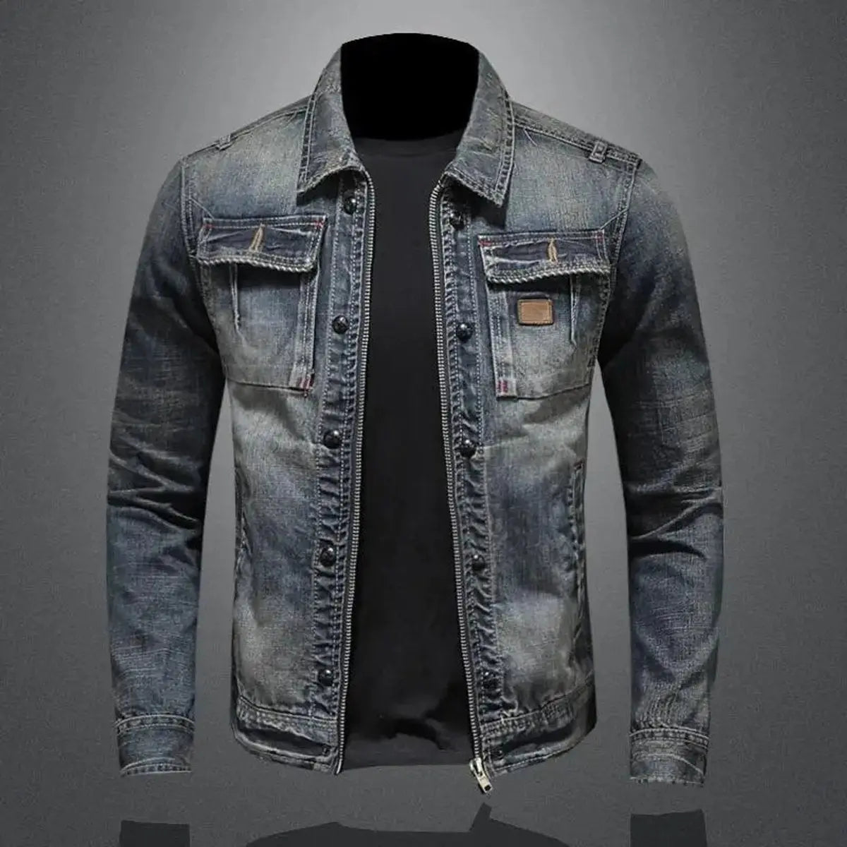 Men's Vintage Washed Zip-Up Retro Denim Jacket Coat