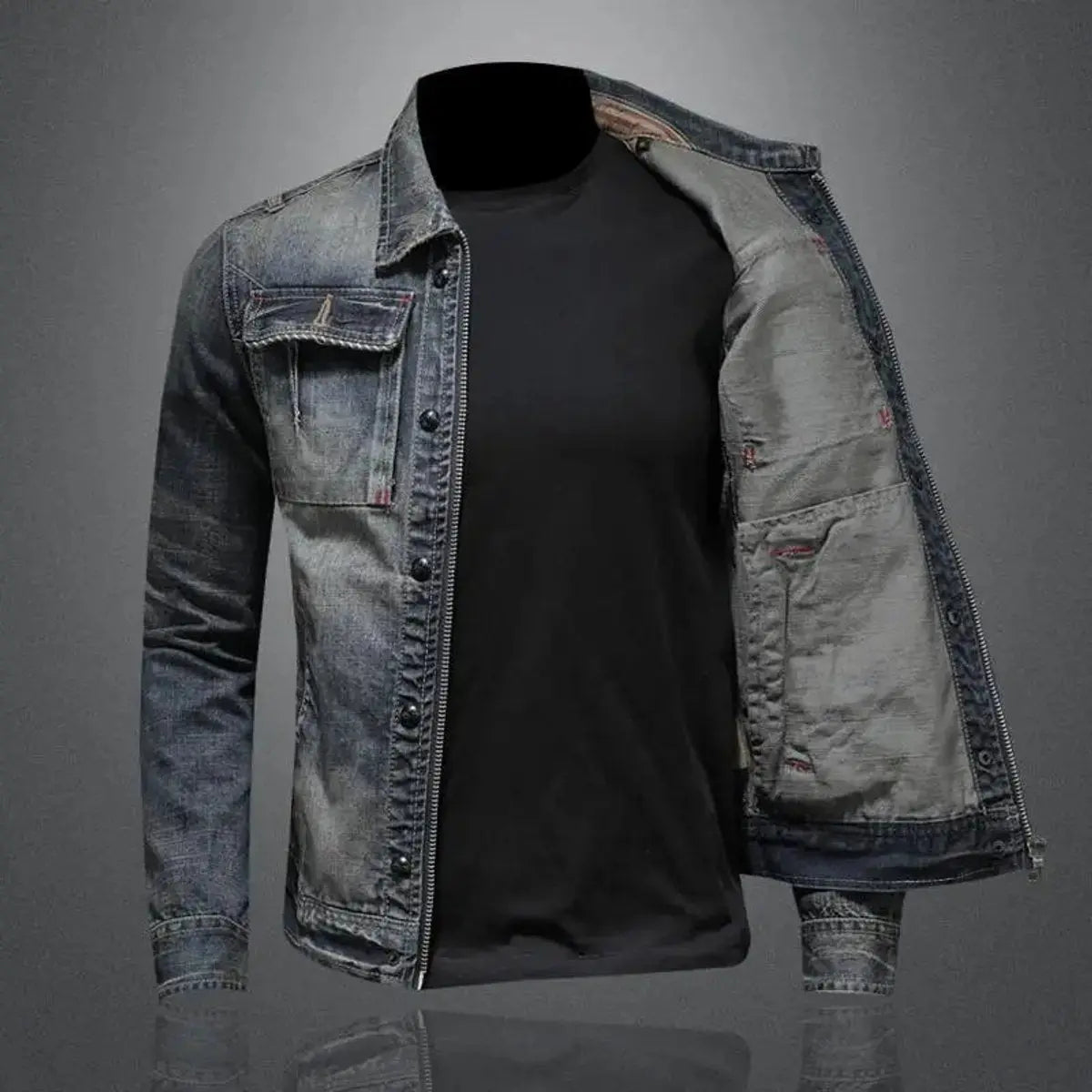 Men's Vintage Washed Zip-Up Retro Denim Jacket Coat